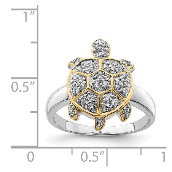 925 Sterling Silver Rhodium-plated CZ and Flash Gold-Plated Turtle Ring, Size 8 - Picture 3 of 6